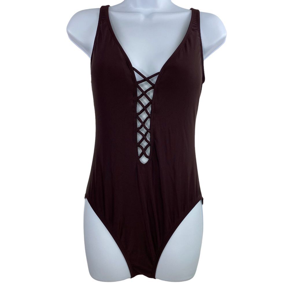 Into The Bleu-Amerex Women's One Piece Swimsuit Sz 8 Lace Up Front Plum NWT